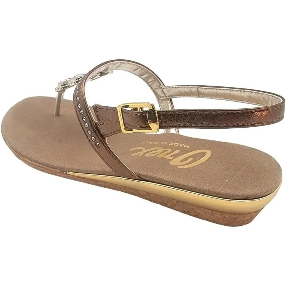 Women's Onex Leather Wedge Slide Sandals Bronze Swarovski Crystal Italy Size 10